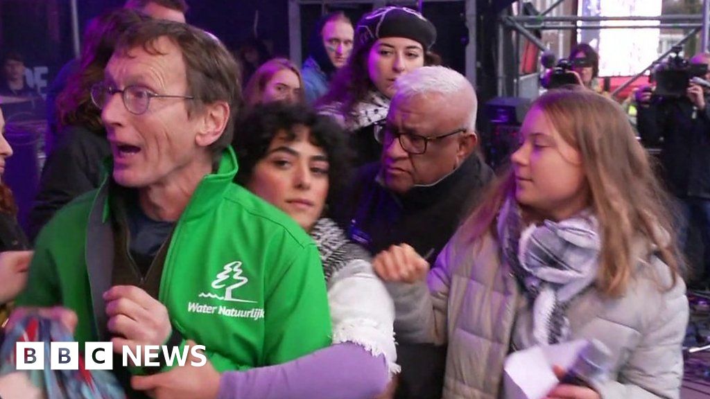 Man grabs Greta Thunberg's microphone after pro-Palestinian chants at climate rally