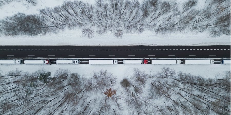Trucks in a long queue at the Polish-Ukrainian border, the Dorogusk-Yagodyn checkpoint in Ludwinów, Poland, on December 4, 2023